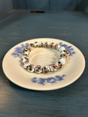 Hand Crafted White Cloisonné Bead Bracelet with Pink & Green Florals